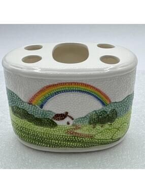 Vintage Otagiri Toothbrush Holder Rainbow Over Mountains 5 Spots 4” X 3”
